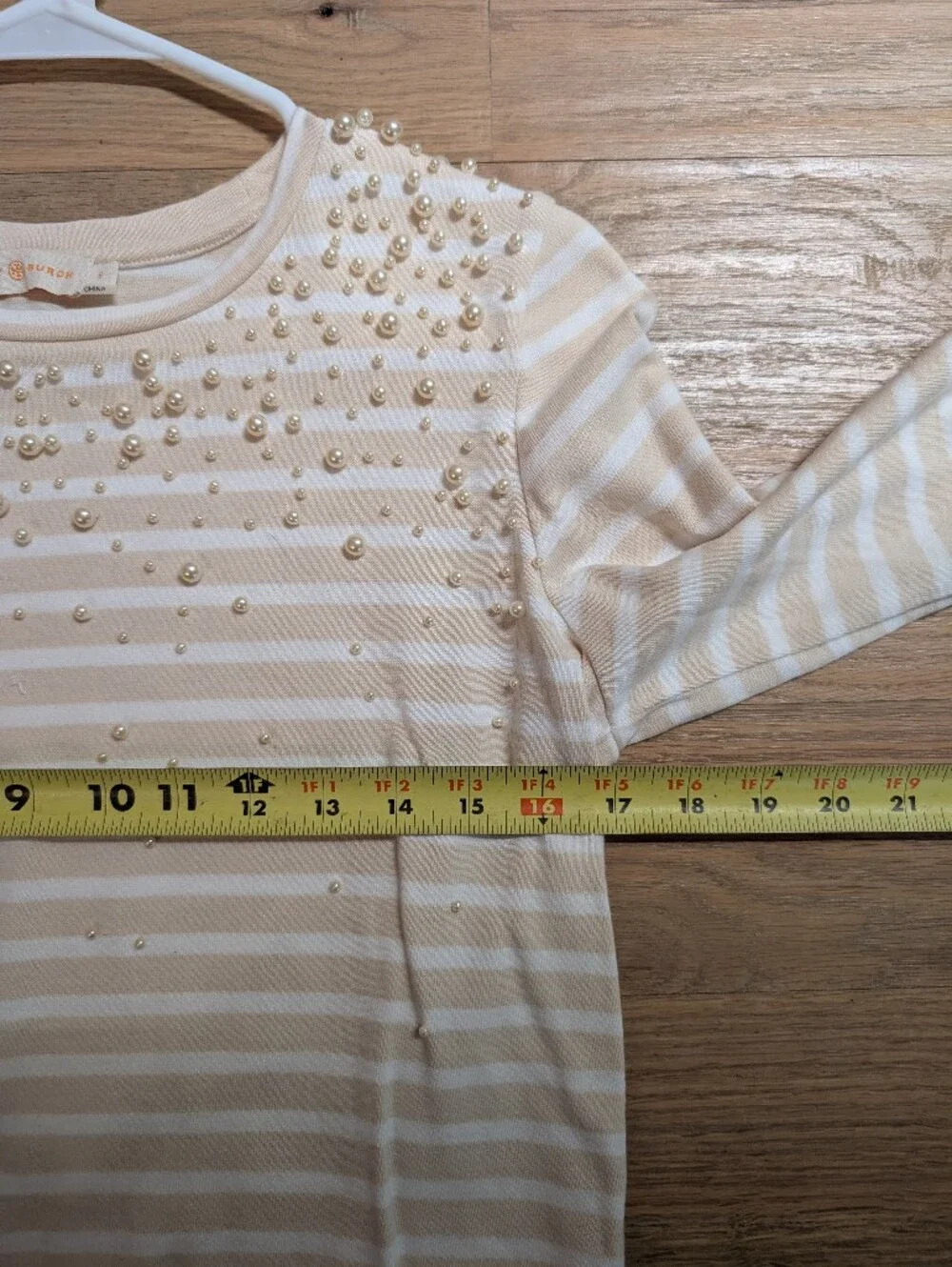 Tory Burch Cream and White Striped Long-Sleeve Tee with Pearl Beads Size S